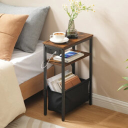 Bedside Table Record Player Stand Side Table With Charging Station Bookshelf - thumbnail 3