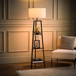 Valuelights Hiru Black 3 Tier Shelf Floor Lamp With White Drum Shade - thumbnail 2