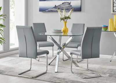 Furniturebox Uk Selina Chrome Round Square Leg Glass Dining Table And 4 Elephant Grey Lorenzo Chairs Set - image 1