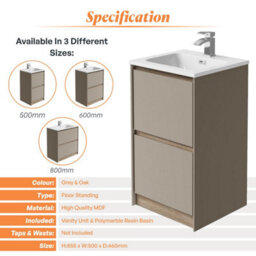 Plum&clay Norton Light Grey & Oak Freestanding Vanity Unit & Basin Set (W)500mm (H)855mm - thumbnail 4