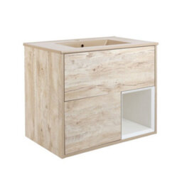 Homestylestore Light Oak 812mm Wall Hung Bathroom Vanity Unit Led Lit Open Shelf And Sand Basin