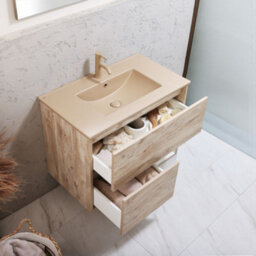 Homestylestore Light Oak 812mm Wall Hung Bathroom Vanity Unit Led Lit Open Shelf And Sand Basin - thumbnail 2