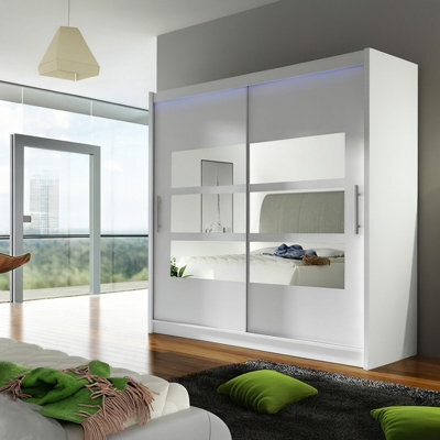 Bega Iii 180Cm Wardrobe With Hanging Rail Sliding Doors Shelves And Mirror Storage White With Led Lights - image 1