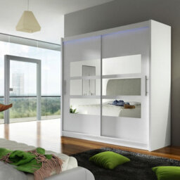 Bega Iii 180Cm Wardrobe With Hanging Rail Sliding Doors Shelves And Mirror Storage White With Led Lights - thumbnail 1