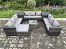 Fimous Outdoor Rattan Garden Furniture Set 10 Seater Patio Lounge Sofa Set With 2 Side Tables Square Coffee Table Big Footstool - thumbnail 2