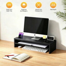 Wood Monitor Stand Riser 2-Tier Ergonomic Phone Holder Cable Management 42Cm - thumbnail 6