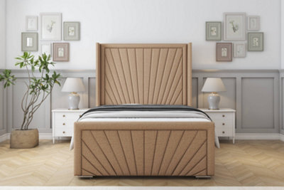 "Sloomy Rutherford Latte Dumfries Bed Frame With Mattress With 50""  Upholstered Wingback Headboard 4'6 Double" - image 1