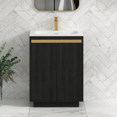 Royal Bathrooms Orion 600mm Floor Standing Vanity Unit 2 Door Hale Black With Matt Stone Basin & Brushed Brass Accent Trim - image 1