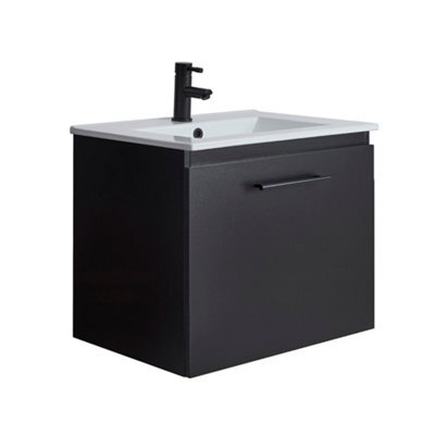 Homestylestore 600mm Black Grey Wall Hung Bathroom Vanity Unit And Black T Bar Handle - image 1
