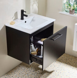 Homestylestore 600mm Black Grey Wall Hung Bathroom Vanity Unit And Black T Bar Handle - thumbnail 3