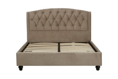 Orsina Compact Brushed Velvet Double Bed, Stylish Velvet Bed For Bedroom, Stylish Stud Detailed Diamond Tufted Bed - image 1