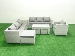 Fimous Wicker Pe Rattan Sofa Garden Furniture Set Oblong Coffee Table Armchair 3 Stools Side Table Light Grey - thumbnail 2