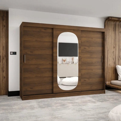 Arte Royal 250Cm Triple Sliding Wardrobe Oak Walnut With Central Mirror Panel - image 1