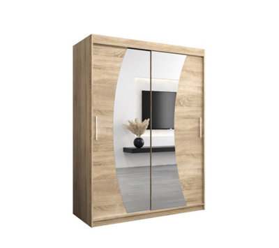 Arte Wave Contemporary 2 Mirrored Sliding Door Wardrobe 5 Shelves 2 Rails Oak Sonoma Effect (H)2000mm (W)1500mm (D)620mm - image 1