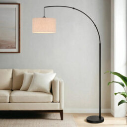 Xample Bridgeport Designs Madrid Arc Floor Lamp, Black Metal Base With Tan Linen Shade, Indoor Standing Lamp With Foot Switch - thumbnail 1
