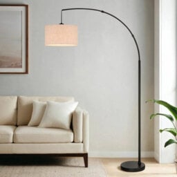 Xample Bridgeport Designs Madrid Arc Floor Lamp, Black Metal Base With Tan Linen Shade, Indoor Standing Lamp With Foot Switch