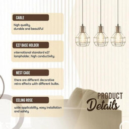 3 Light Pendant Light Height Adjustable, E27 Ceiling Lights Metal Square Plate Hanging Lights For Living Room, Dining Room - thumbnail 3