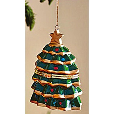 Christmas Tree Design Trinket Box Hanging Ornament - Fine Ceramic Festive Xmas Tree-Shaped Bauble Decoration With Hinged Lid - image 1
