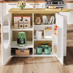 Btm Rotating Bar Table With Storage Shelves Kitchen Island With Doors And Sideboard Cabinet White - thumbnail 3