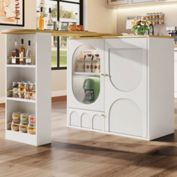 Btm Rotating Bar Table With Storage Shelves Kitchen Island With Doors And Sideboard Cabinet White - thumbnail 1