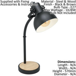 Elegant 2 Pack Curved Table Lamps With Black Steel Shade And Wooden Base - thumbnail 2