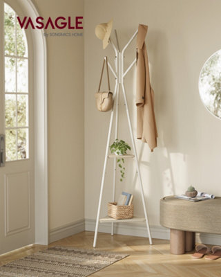 LEDREM Rack Stand, Coat Tree, Hall Tree Free Standing, Industrial Style, With 2 Shelves, Natural Beige And Pearl White - image 1