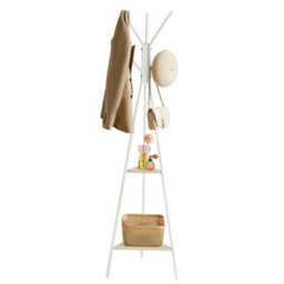 LEDREM Rack Stand, Coat Tree, Hall Tree Free Standing, Industrial Style, With 2 Shelves, Natural Beige And Pearl White - thumbnail 3