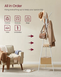 LEDREM Rack Stand, Coat Tree, Hall Tree Free Standing, Industrial Style, With 2 Shelves, Natural Beige And Pearl White - thumbnail 5