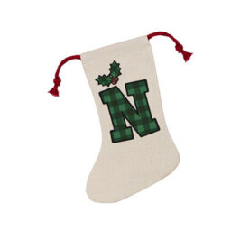 Purely Home Green Tartan Alphabet Letter N Stocking - Novelty Initial Xmas Gift Linen-Style With Red Drawstring Ties - thumbnail 2