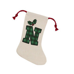 Purely Home Green Tartan Alphabet Letter N Stocking - Novelty Initial Xmas Gift Linen-Style With Red Drawstring Ties