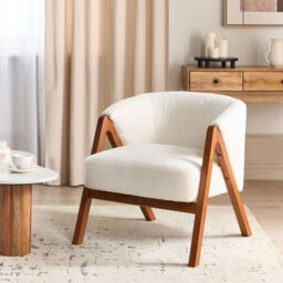 Beliani Off-White Bouclé Armchair With Rubberwood Legs, Compact Modern Accent Chair - thumbnail 2