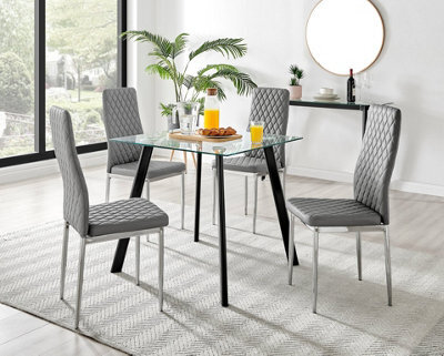 Furniturebox Seattle Scandi Inspired Glass And Black Metal Leg Square Dining Table & 4 Grey Milan Faux Leather Silver Leg Chairs - image 1