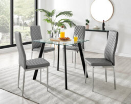 Furniturebox Seattle Scandi Inspired Glass And Black Metal Leg Square Dining Table & 4 Grey Milan Faux Leather Silver Leg Chairs