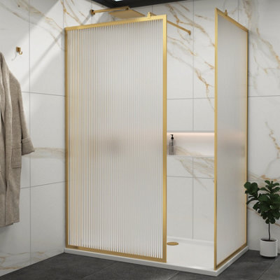 Royal Bathrooms Luxor Walk In Wet Room Fluted Shower Enclosure With 1600 X 900mm Stone Tray & Brushed Brass Frame 8mm Easy Clean Glass