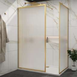 Royal Bathrooms Luxor Walk In Wet Room Fluted Shower Enclosure With 1600 X 900mm Stone Tray & Brushed Brass Frame 8mm Easy Clean Glass - thumbnail 1