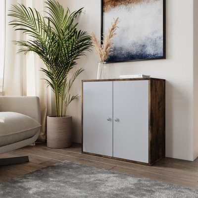 Urbn-Living Urbnliving Height 60Cm 2 Tier Wooden Storage Cabinet Side Furniture Color Rustic Brown With White Door Cupboard Bedroom Hallway - image 1