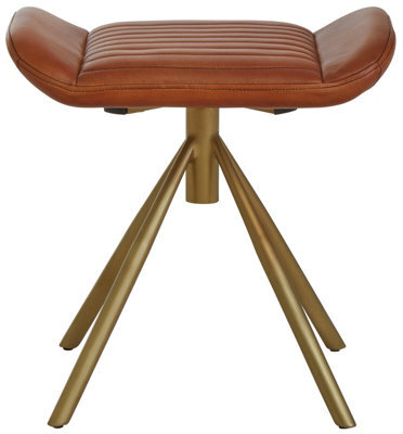 Orsina Tan Leather Footstool, Genuine Buffalo Leather Seat With Channel Detailing, Gold Finish Iron Spoke Base - image 1