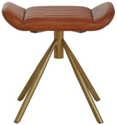Orsina Tan Leather Footstool, Genuine Buffalo Leather Seat With Channel Detailing, Gold Finish Iron Spoke Base