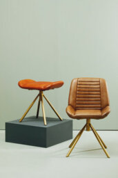 Orsina Tan Leather Footstool, Genuine Buffalo Leather Seat With Channel Detailing, Gold Finish Iron Spoke Base - thumbnail 3