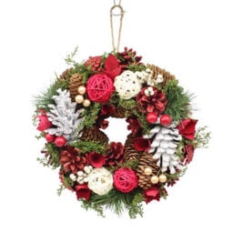 Urbn-Living Urbnliving 34Cm Red, White & Green Wreath Festive Decoration With Jute Hanger Traditional Pinecone Décor
