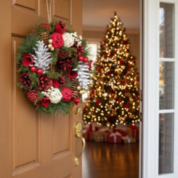 Urbn-Living Urbnliving 34Cm Red, White & Green Wreath Festive Decoration With Jute Hanger Traditional Pinecone Décor - thumbnail 4