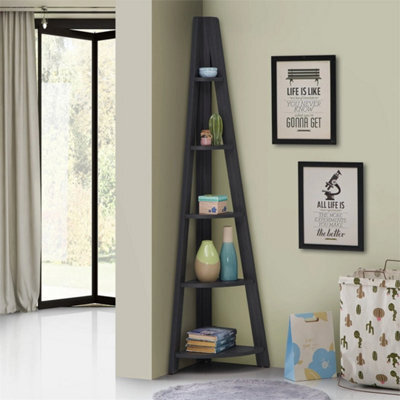 Corner Shelving Ladder Bookcase Shelf Black 5 Tier Display Storage - image 1
