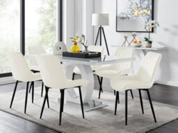 Furniturebox Giovani Rectangular 6 Seat White High Gloss Unique Halo Base Dining Table Grey Glass Top 6 Cream Velvet Black Leg Pesaro Chairs