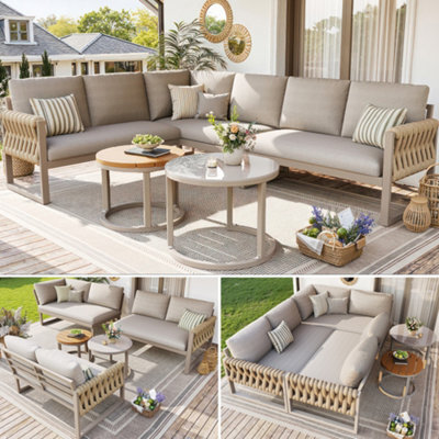 Btm 6 Seaters Modular Garden Furniture Lounge Set, Adjustable Legs, Removable Cushions, Beige - image 1