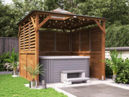 Dunster House Wooden Gazebo 2.5M X 2.5M Erin Half Height Solid Wall Half Superfelt Louvre - thumbnail 2