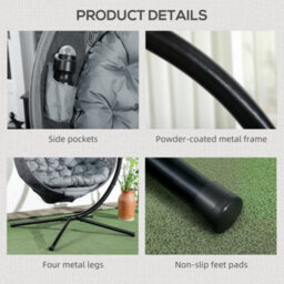 Outsunny Hanging Swing Chair W/ Metal Stand & Side Pocket, Charcoal Grey - thumbnail 7