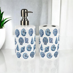 Purely Home Blue Seashells Bathroom Set - Refillable Ceramic Soap Dispenser & Toothbrush Holder - thumbnail 2