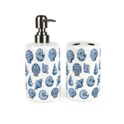 Purely Home Blue Seashells Bathroom Set - Refillable Ceramic Soap Dispenser & Toothbrush Holder
