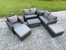 Fimous 7 Seater Rattan Garden Furniture Set With Loveseat Sofa Coffee Table 2 Big Footstool Side Table Indoor Outdoor Patio - thumbnail 1