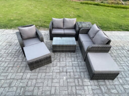 Fimous 7 Seater Rattan Garden Furniture Set With Loveseat Sofa Coffee Table 2 Big Footstool Side Table Indoor Outdoor Patio - thumbnail 2